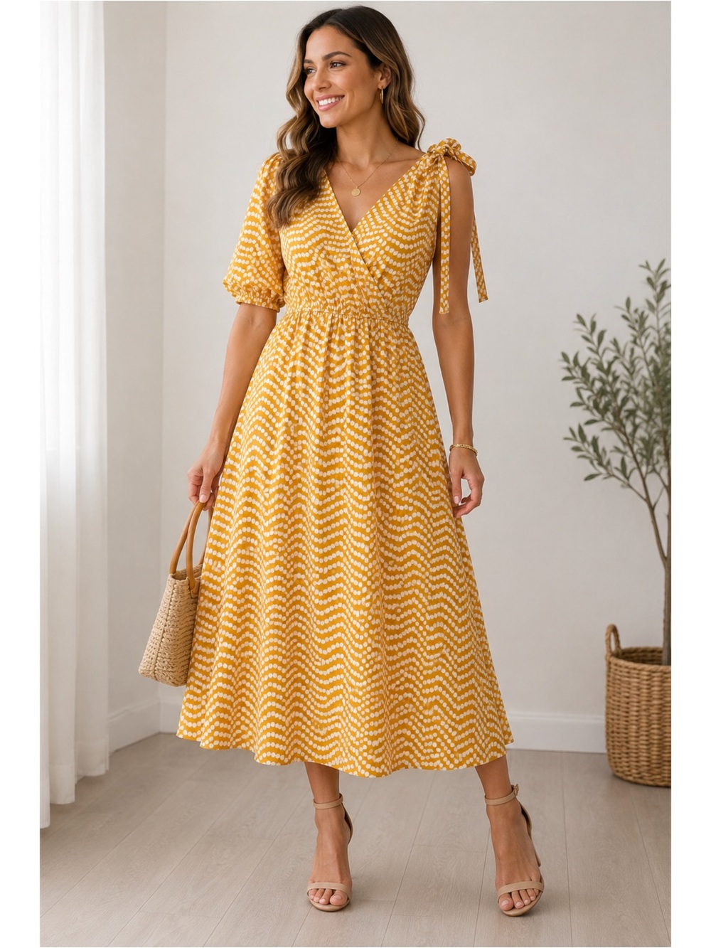 PrettyGarden Mustard Polka Dot Wrap Boho Dress Puff Sleeve XXL